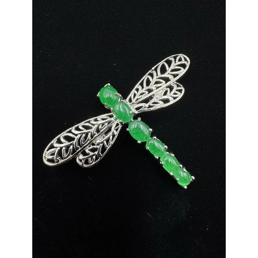 Silver Tone Jadeite Openwork Dragonfly Brooch Pin Bug‎ Jewelry
